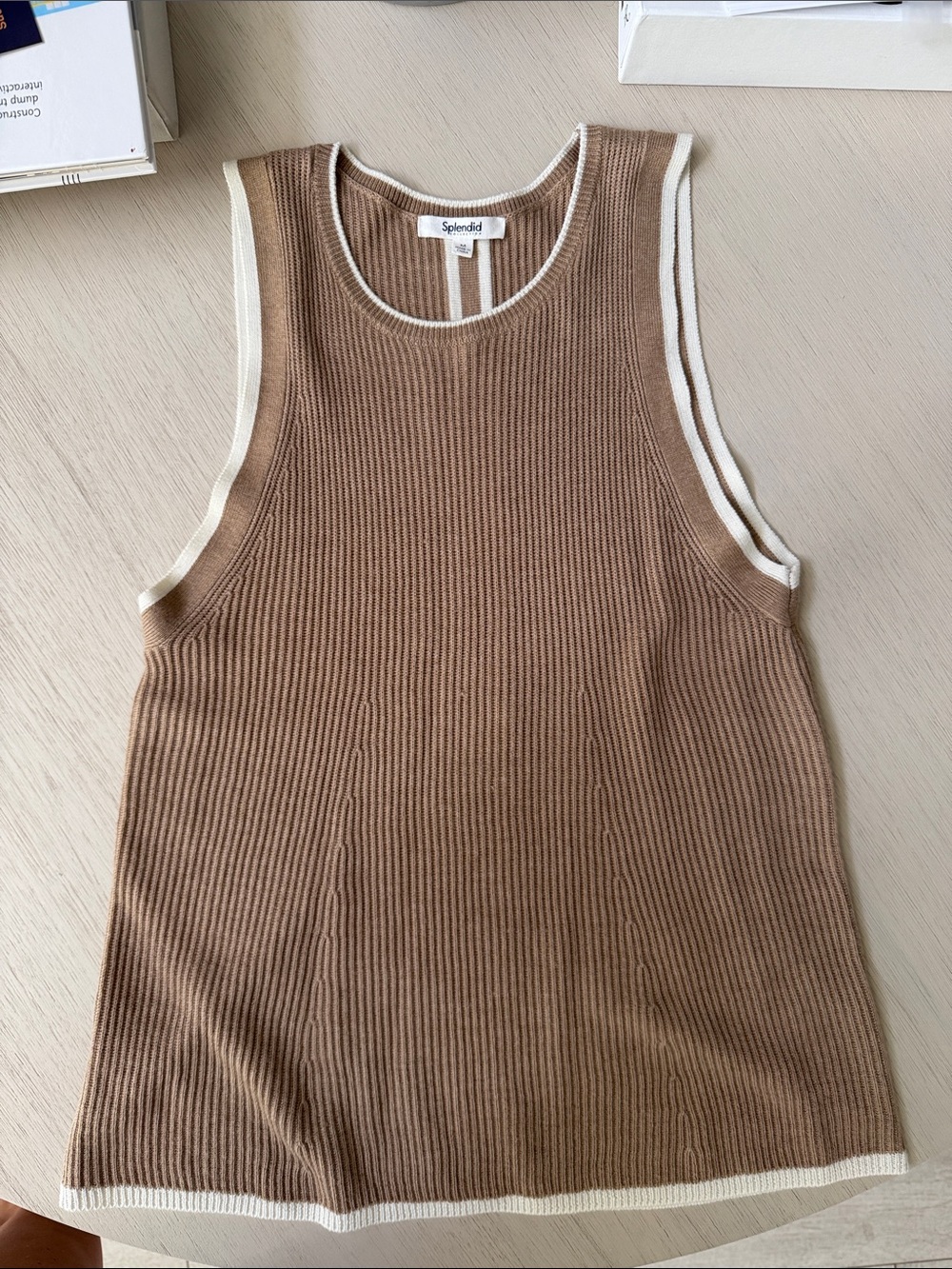 Splendid Cashmere Ribbed Tan Tank with Cream Edge Trim